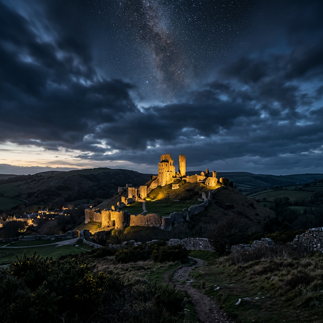 Corfe Castle at night, Isle of Purbeck
